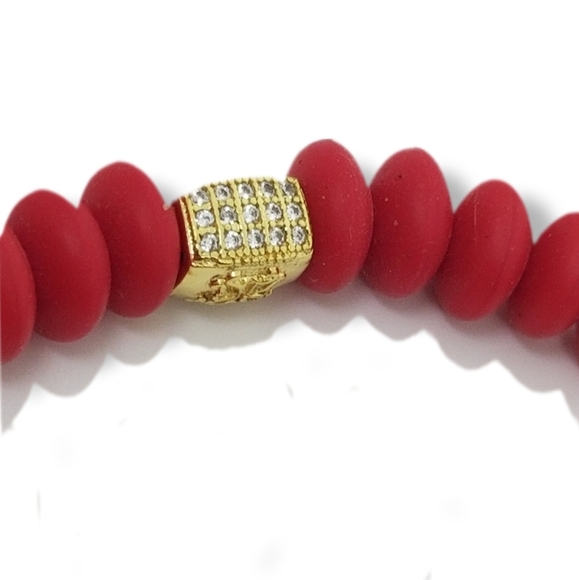 RUSTIC CUFF CHERRY RED SILICONE BEAD & CHARM STRETCH BRACELET - Picture 3 of 5